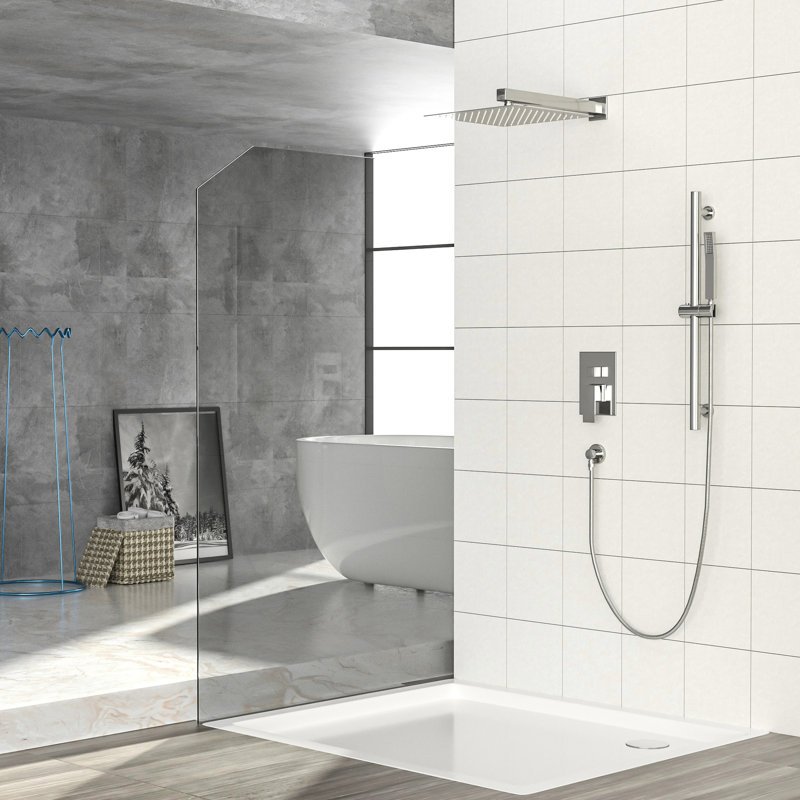Système de douche mural carré de 10 pouces avec - soupape équilibrée, barre coulissante réglable, douche à effet pluie et à main, installation facile, tête en nickel brossé, double fonction 26,18 Scald,