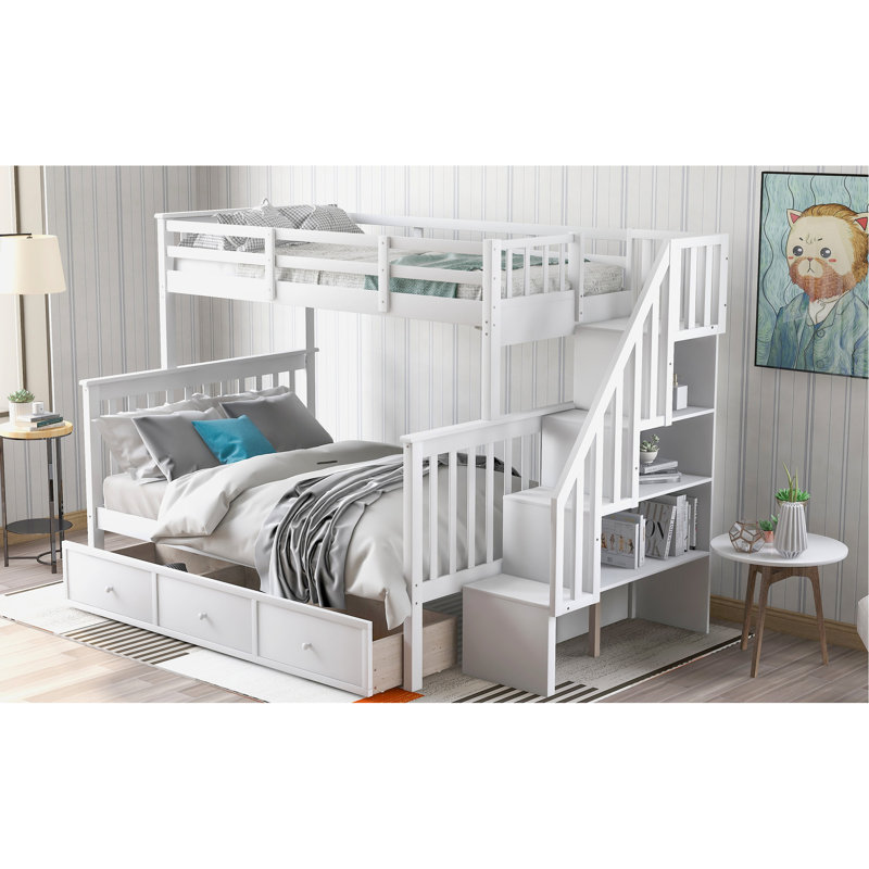 Lit superposé simple à escalier avec tiroir, garde-corps et rangement, idéal pour les invités qui passent la nuit dans la chambre à coucher, rangement d'escalier solide, rail, dortoir à tiroirs à assemblage requis, plusieurs compartiments,