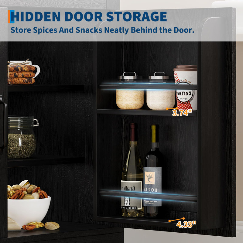 Farmhouse Freestanding Pantry Cabinet with Tempered Glass Doors - 71.9" Tall Black Wood Storage Cupboard - Adjustable Shelves - Anti-Tip Kitchen & Dining Organizer - Black Color