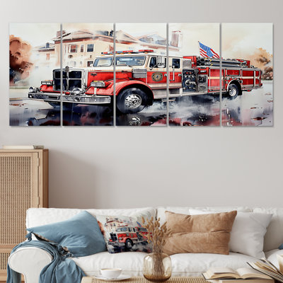 Fire Truck In The Hamptons III - Fireman Canvas Wall Art Set