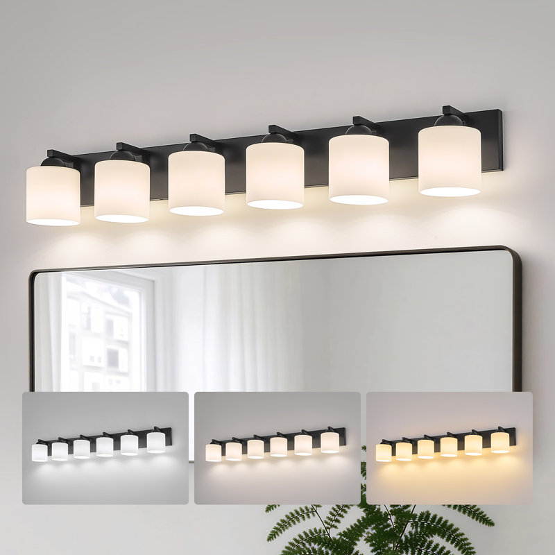 Luminaire de meuble-lavabo de salle de bain avec abat-jour en verre opale, Noir mat, 6, Verre opale