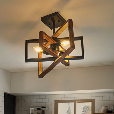 3 Light Pendant In Wood-painted Body And Black Finish