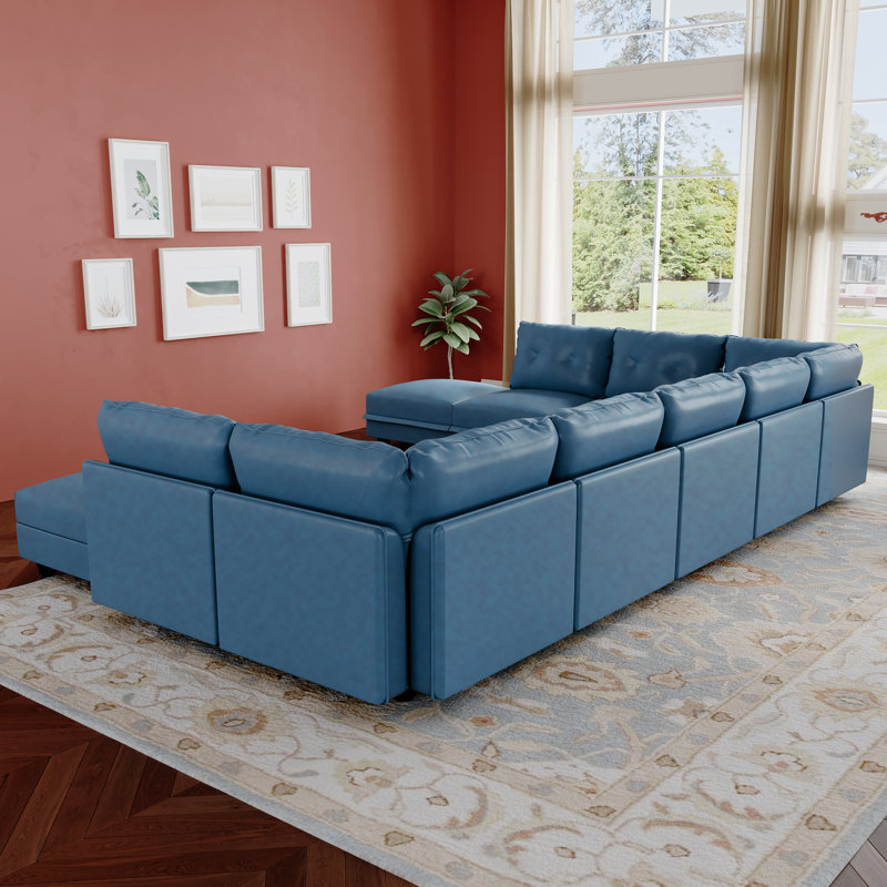 Tomario 10- Piece Upholstered U-Shaped Modular Sectional With Storage, Blue Polyester