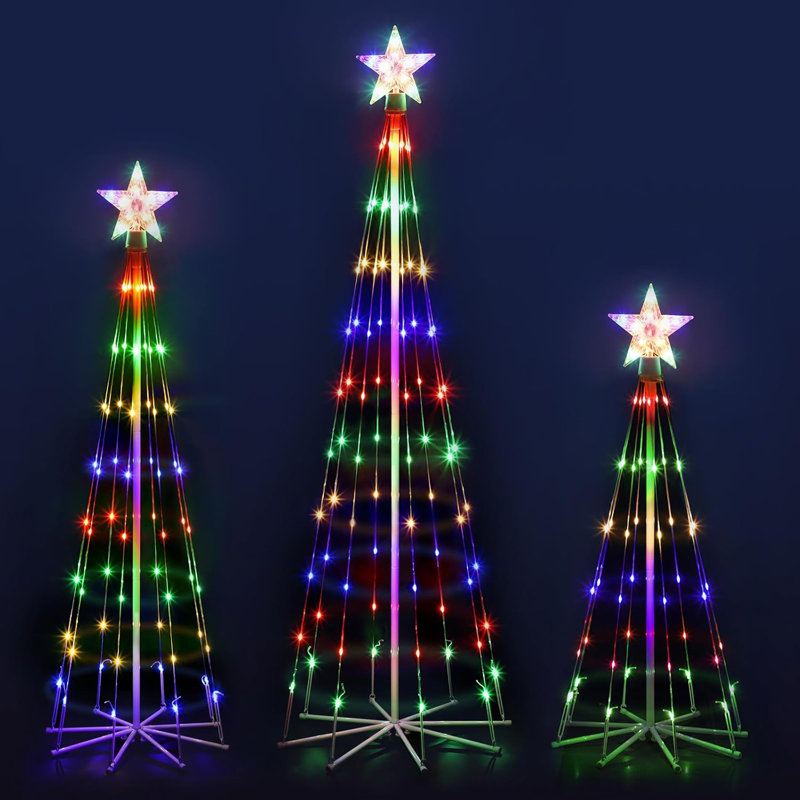 Set of Three (0.9M/1.2M/1.5M) Four-color Plug-in Conical Tree Lights without Remote Control