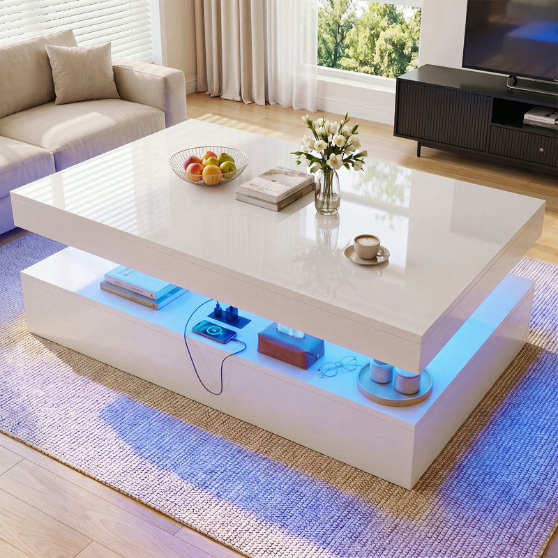 Table basse 47 po à DEL ultrabrillante moderne avec 2 tiroirs coulissants, station de charge intégrée et conception double couche