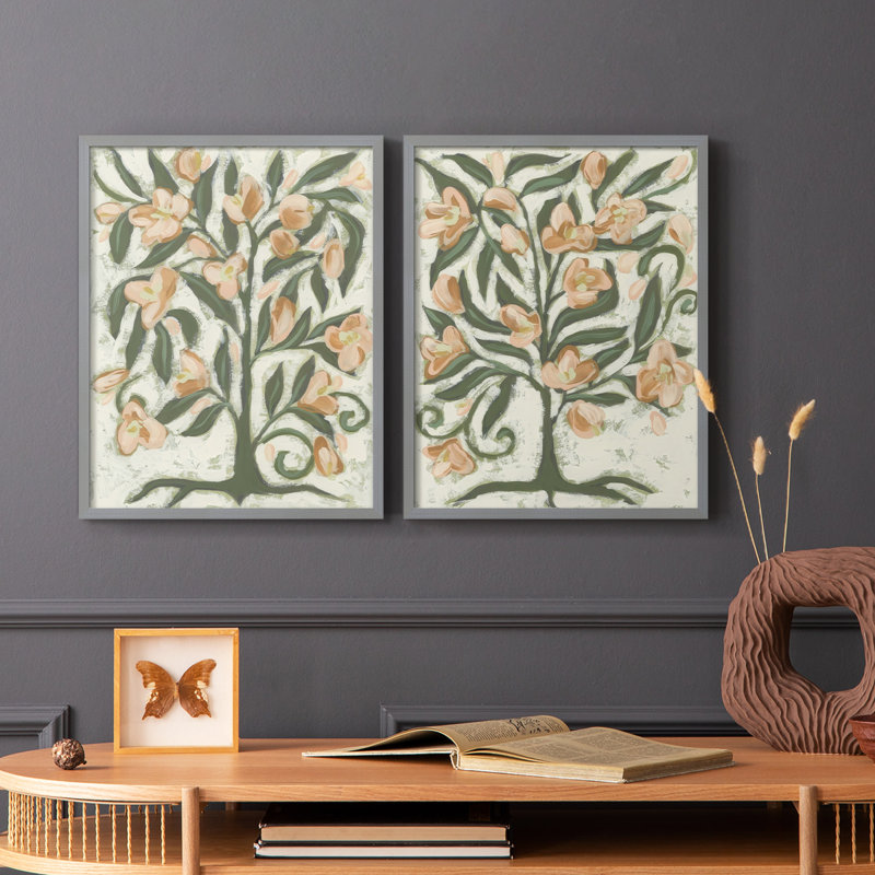 «Folk Peach Blossoms I», reproduction encadrée de qualité supérieure - prête à être accrochée - aucun clou requis - aucun clou requis