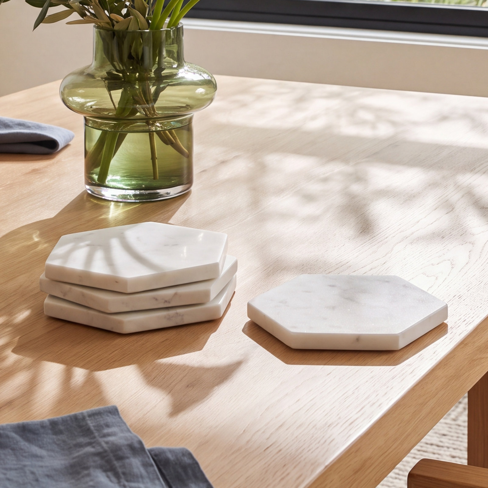 Delray White Marble Hexagon Coaster Set