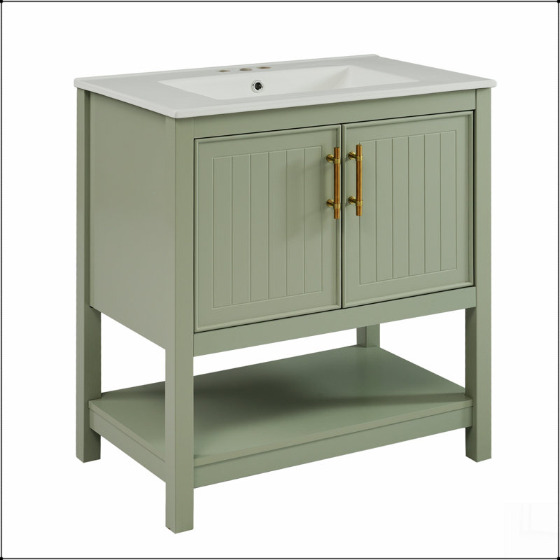 Meuble-lavabo de salle de bain avec lavabo en céramique et rangement polyvalent, Vert