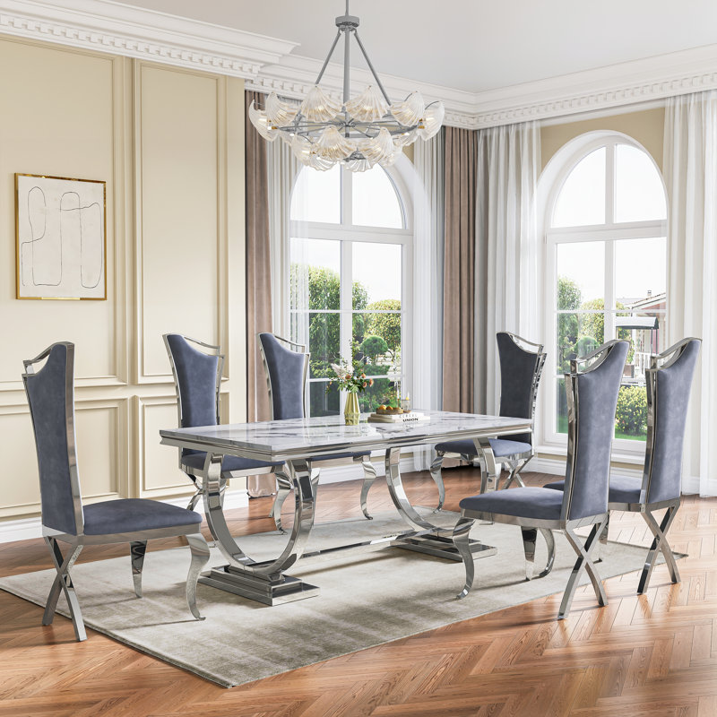 7 Pieces Luxury Kitchen Dining Table Set Of 6,70”Faux Marble Top With U-Shape Metal Base Dining Table For Kitchen, Dining Room