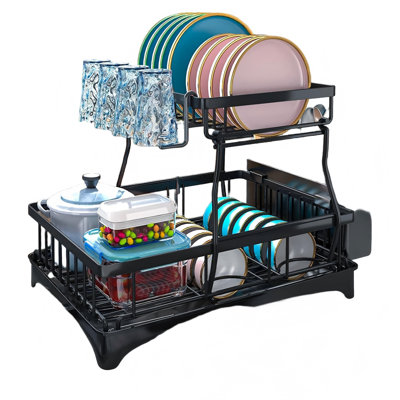 Égouttoir à vaisselle à 2 niveaux - égouttoir à vaisselle avec égouttoir automatique et tapis, noir