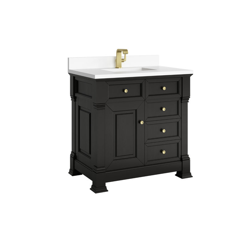 Meuble-lavabo simple 36 po avec plateau Brookfield, Trou simple, Blanc Zeus, Noir onyx