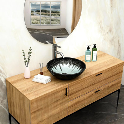 Lavabo de salle de bain en verre trempé avec bonde escamotable, lavabo ovale, dégradé de gris, idéal pour les différentes pièces aux bords lisses artistiques, installation au-dessus du comptoir, bon drainage