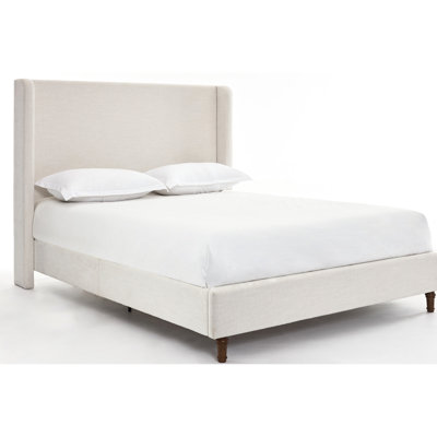 Queen Size Bed Frame With 54" Upholstered Wingback Headboard, Fabric Upholstery, Metal Construction, Walnut - Toned Oak Feet, Bedroom Magnetic Appeal Featuring Chenille Cover, Frame, Brown Feet