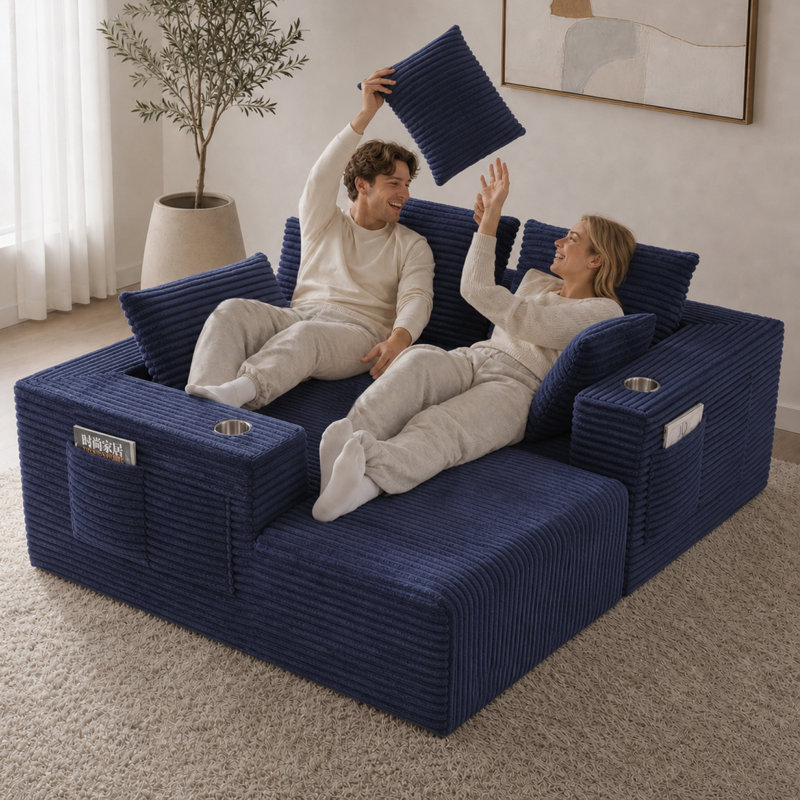 Canapé modulaire de 95 po avec méridienne en forme de L, conception à quatre places sans os, Velours côtelé bleu, Blue