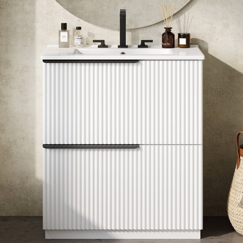 Meuble-lavabo autoportant de 30 po avec lavabo en céramique et tiroirs à extension complète, Blanc