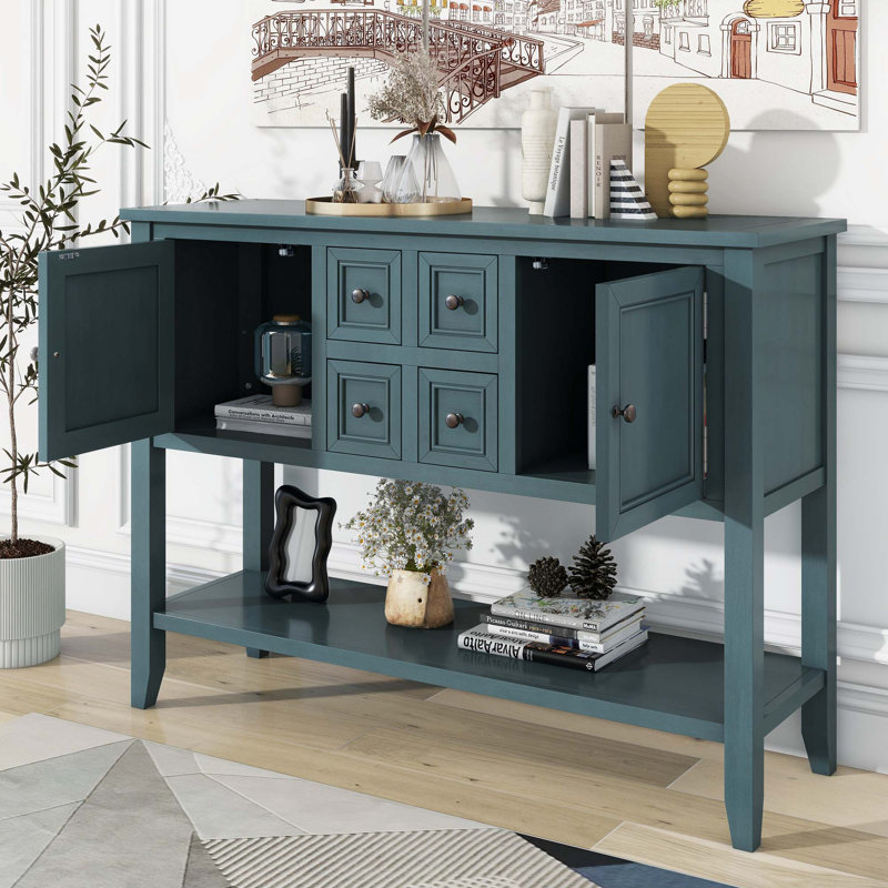 Console rétro avec 4 petits tiroirs et une tablette inférieure pour un rangement élégant, Bleu très foncé
