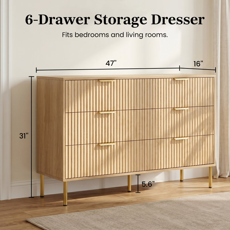 47" Wide 6 Drawer Double Dresser with Fluted Drawer Fronts, Natural Oak