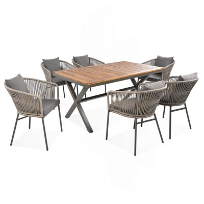 7 Pieces Patio Dining Set, All-Weather Outdoor Furniture Set with Dining Table and Chairs, Acacia Wood Tabletop, Metal Frame, for for Garden, Backyard, Balcony