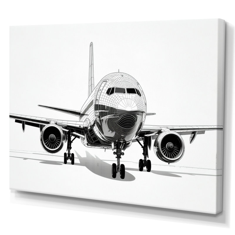 Black & White Plane Graphic Elevation - Transportation Canvas Art Print, H 12 po x l 20 po x P 1 po, Toile tendue