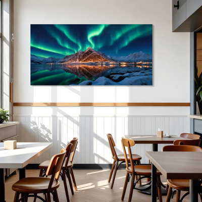 Canvas Wall Art Aurora Borealis Snowy Mountains Reflective Lake Night Wall Decor for Living Room Bathroom Bedroom Office 24"H x 48"W Art Paintings, Ready to Hang