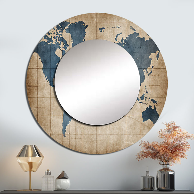 Shaneya ancienne carte du monde II - miroir mural décoratif carte du monde, grand miroir rond moderne, impression d'art en métal
