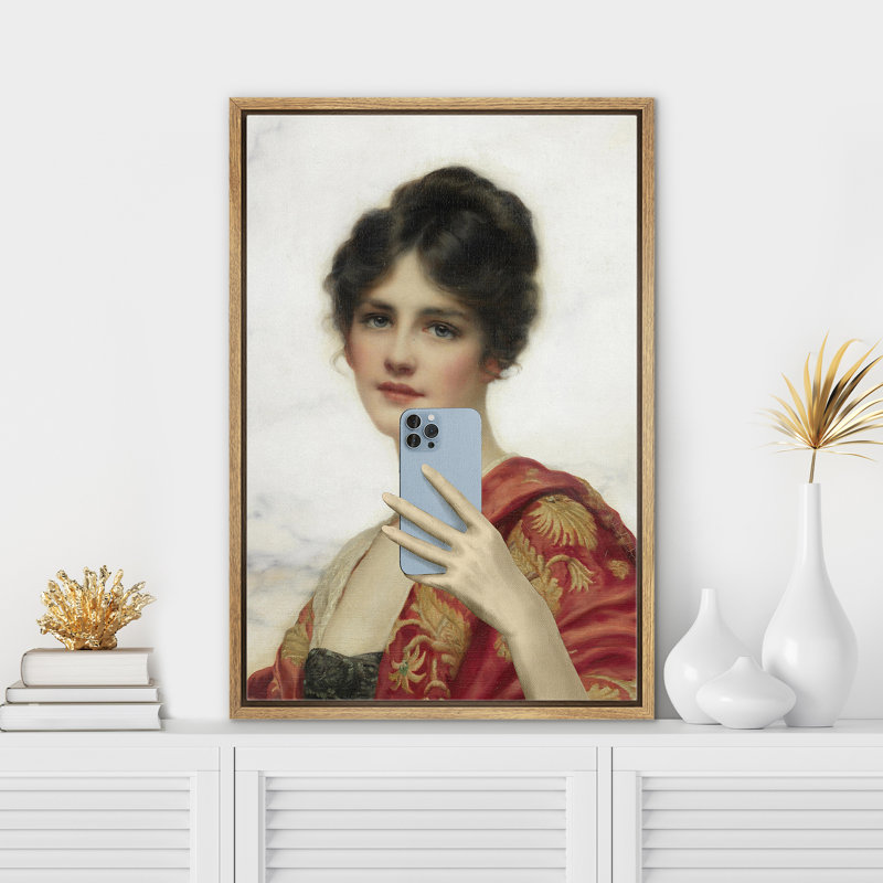 «Portrait de femme avec téléphone», H 24 po x l 16 po, Cadre naturel flottant