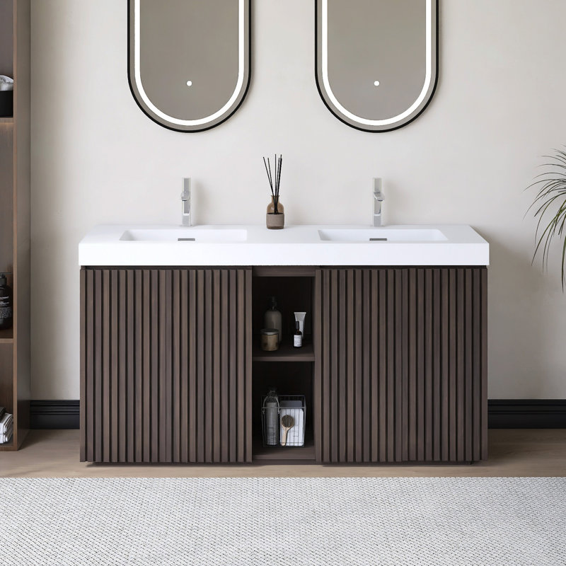 60" Freestanding  Bathroom Vanity With Integrated Solid Surface Basin, White Glossy