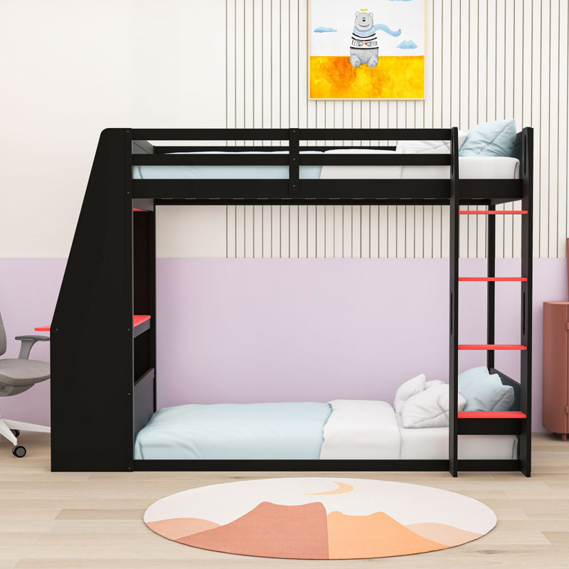 Lit superposé en bois avec bureau, tablettes, station de charge et éclairage DEL, Lit superposé simple sur simple