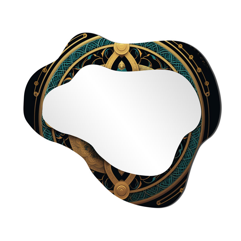Ancient Vintage Gold And Teal Seal II - Geometric Cloud Mirror, Gold Asymmetrical Decorative Wall Mirror, Printed Metal Art