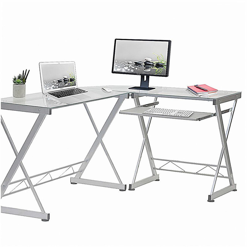Bureau d'ordinateur en verre trempé en L avec panneau de clavier coulissant, couleur translucide
