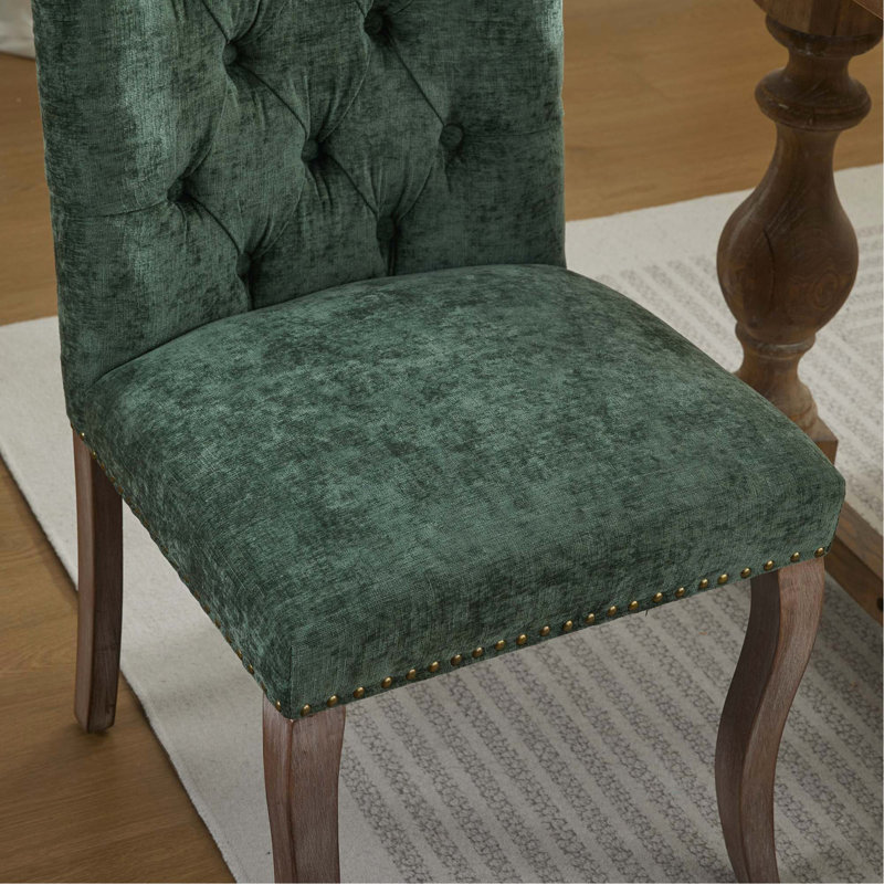 Élégante chaise de salle à manger capitonnée avec pieds incurvés en bois massif, Vert olive
