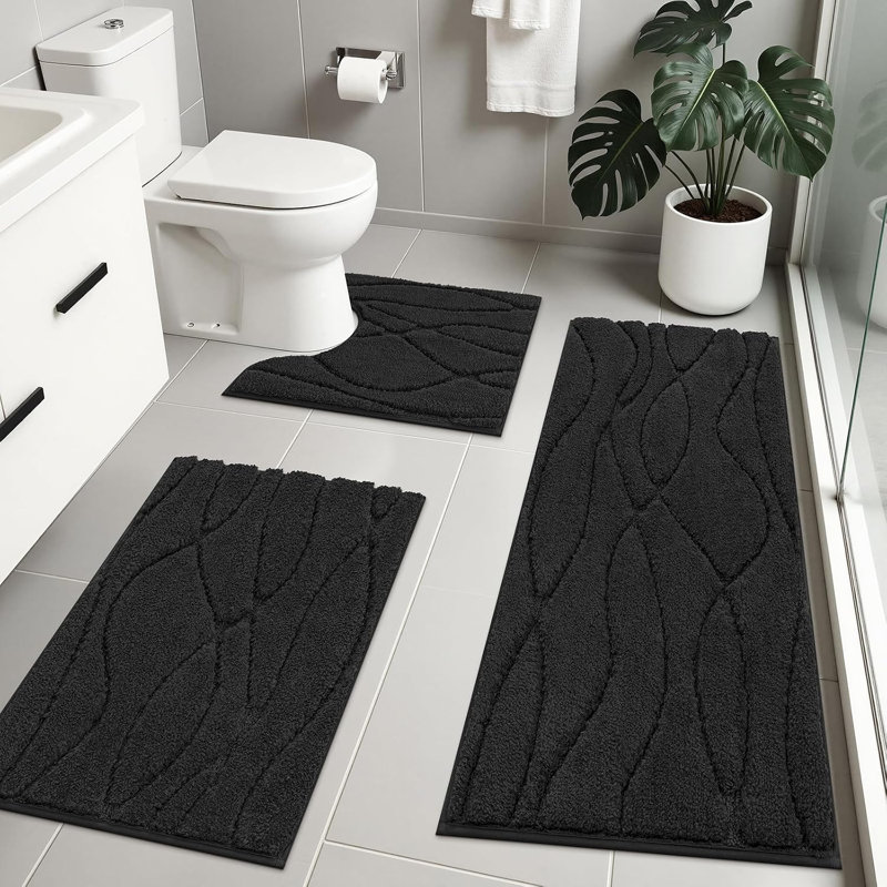 Ensemble de tapis de bain lavables antidérapants (ensemble de 3, Black