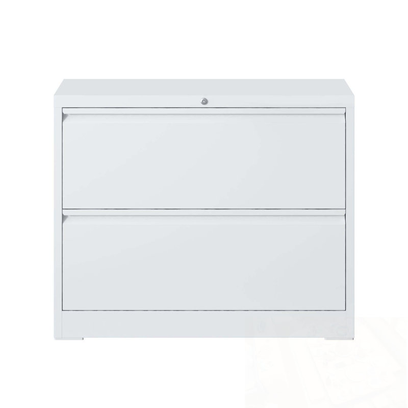 Wide Metal File Cabinet with 2 Drawers and Lock, White