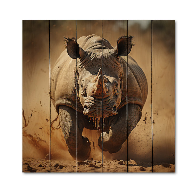 Rhinocéros africain qui court sur bois, H 15 po x l 15 po x P 0,78 po