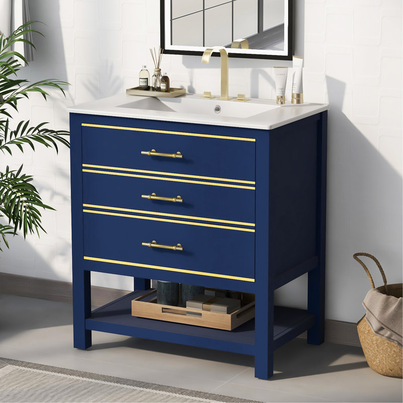 Meuble-lavabo moderne avec rangement ouvert et détails dorés élégants, Bleu