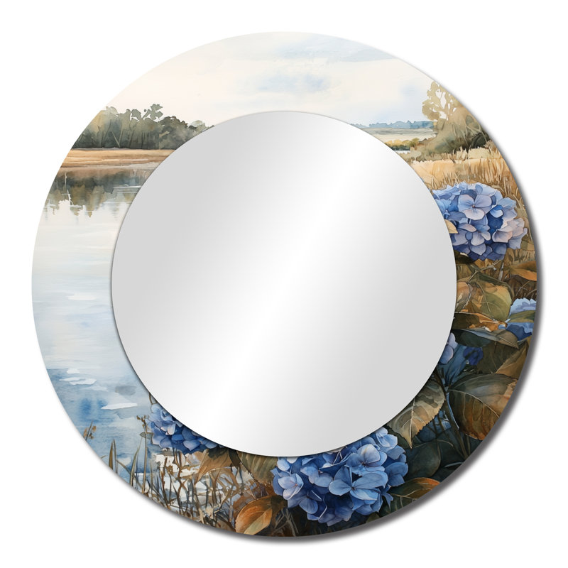 Hydrangées par la rivière I - Art mural miroir floral - imprimé sur métal, 23 po x 23 po