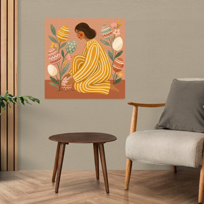 Woman Planting Easter Eggs Colorful Whimsical Abstract Nature Spring Wall Art Print 1 Piece Wrapped Canvas Wall Art