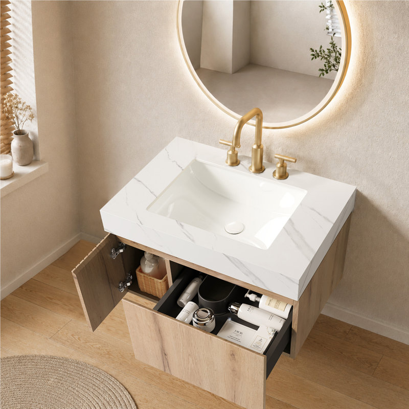 Meuble-lavabo suspendu de 76 cm (30 po) en contreplaqué cannelé avec lavabo, comptoir en pierre frittée et lavabo en céramique