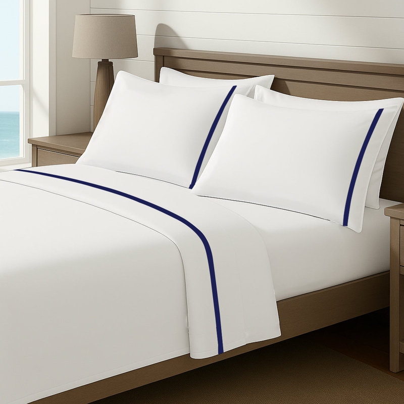 Luxury Border Cotton Sheet Set, Navy Blue/White, Twin XL Fitted Sheet