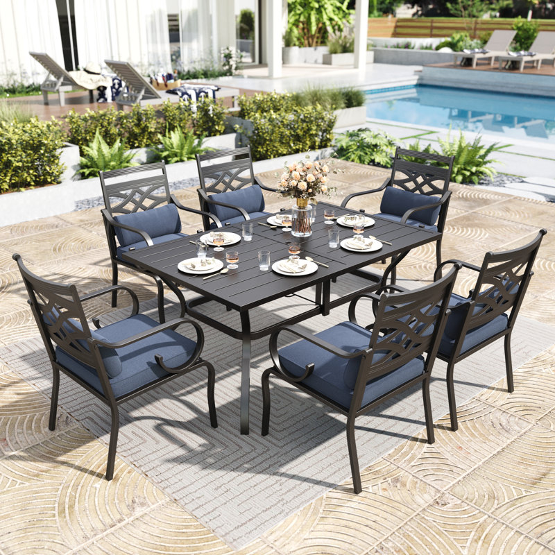 6 Person Outdoor Dining Set With Seat Cushions & Lumbar Support Pillows, Blue