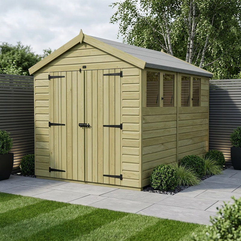 Total Sheds 8ft x 11ft Apex Garden Shed - Double Door - With Windows - Pressure Treated Timber - UK Manufactured