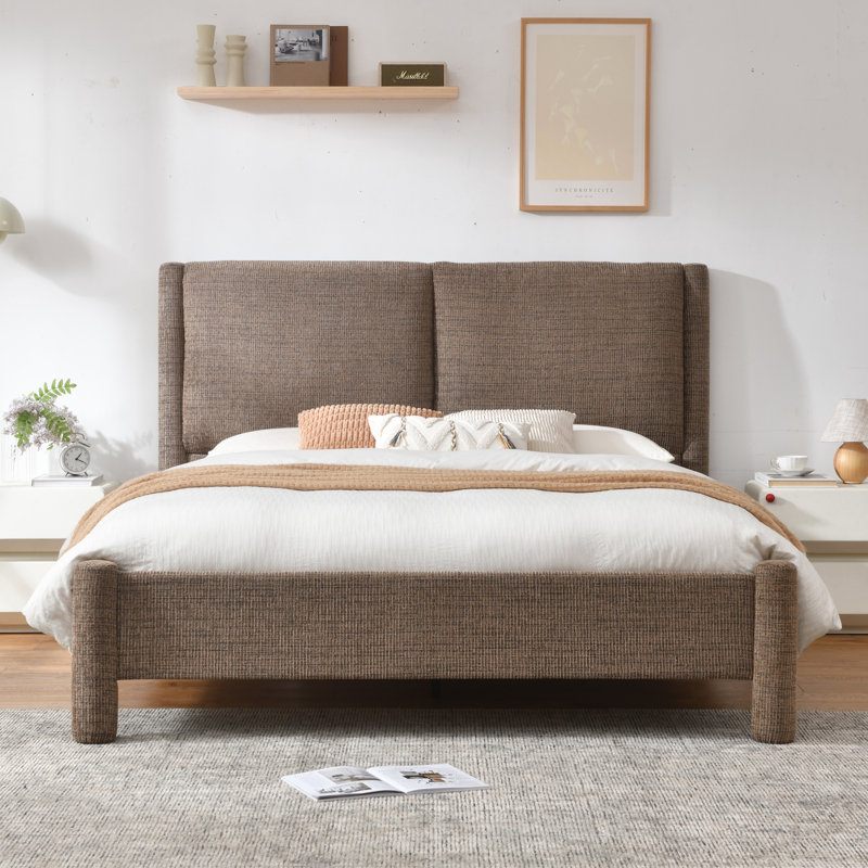 Upholstered Platform Bed with Tufted Headboard, Modern Minimalist Bed Frame for Bedroom, Soft Fabric Upholstery Bed, Brown