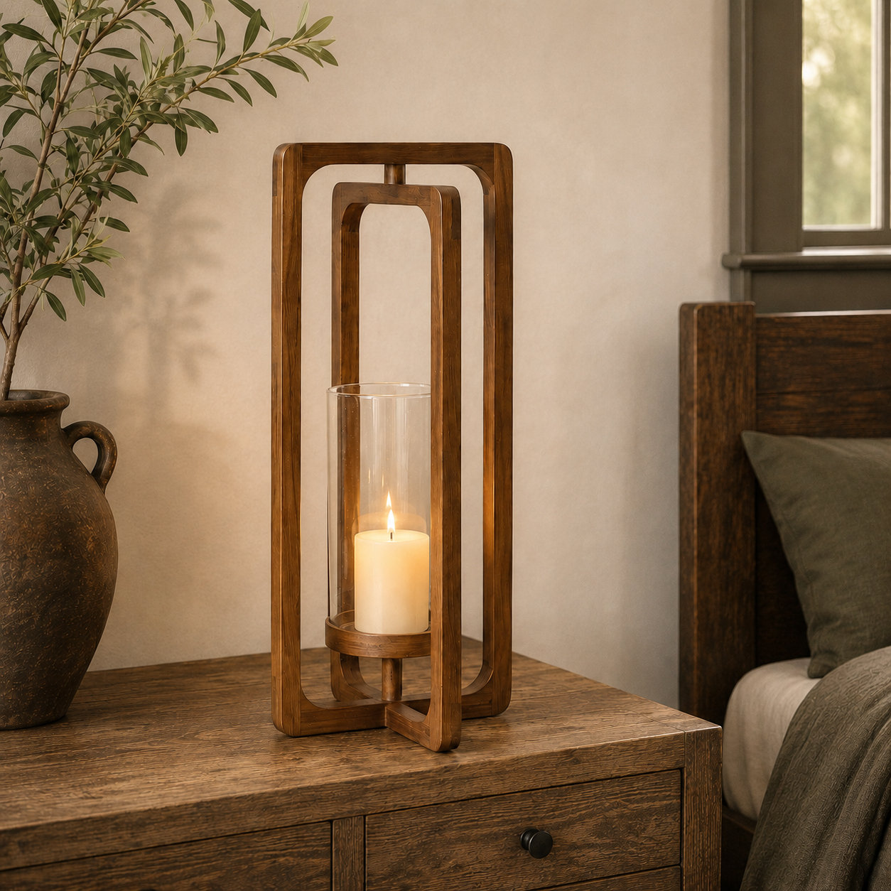 Handcrafted Wood Lantern Candle Holder, Brown, 24" H x 9.5" W x 9.5" D
