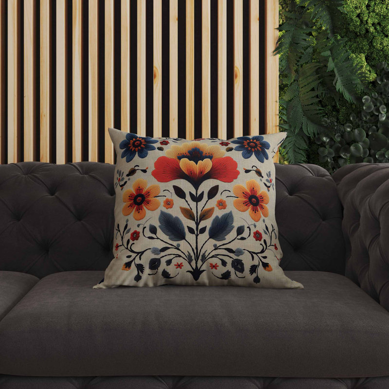 Oreiller intérieur / extérieur Rajasthan Bloom, Carré 16 po, Bleu / beige / orange