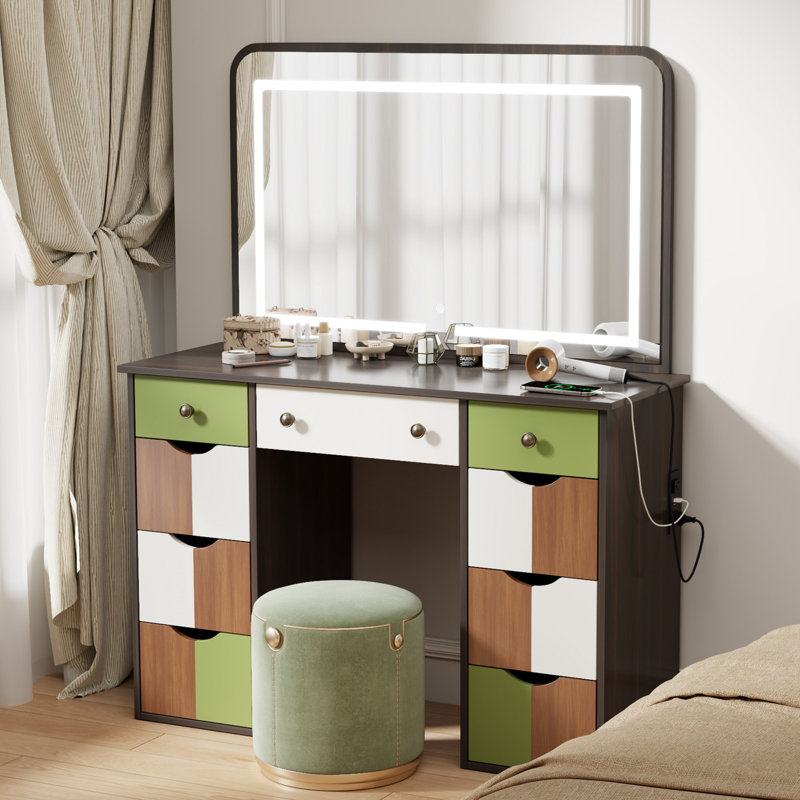 Makeup Vanity Desk With Led Lighted Mirror & Power Outlets, Brown/White/Green
