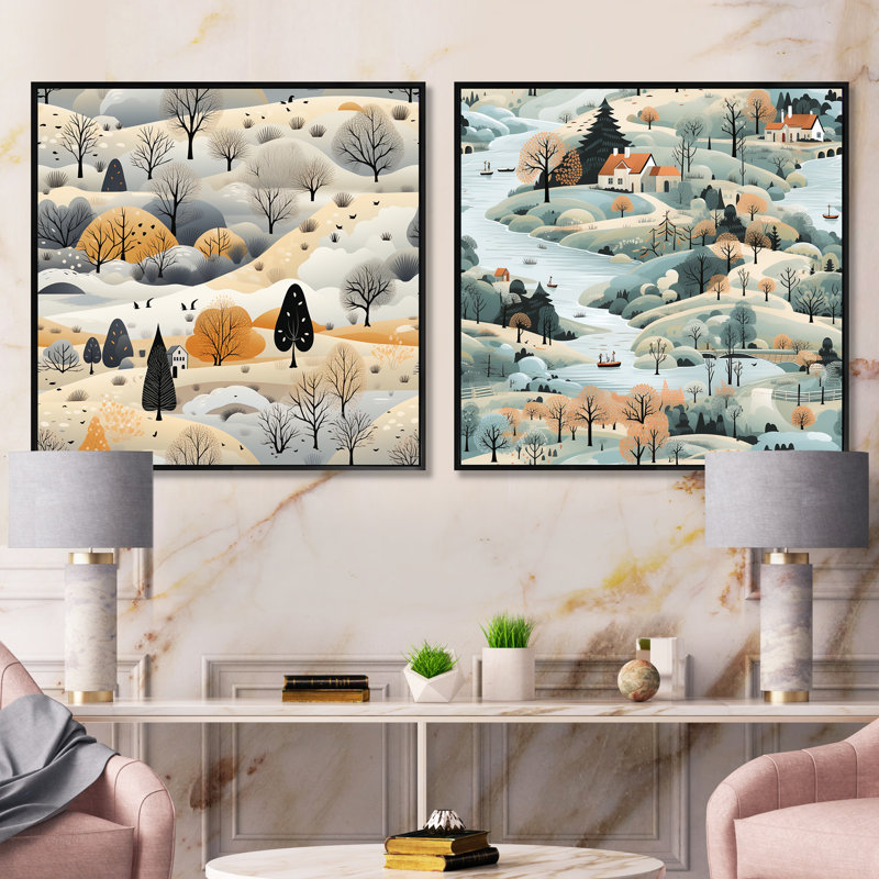 Winter Winter Scandinavian Landscape II - ensemble de 2 collage de paysage carré, H 36 po x l 73 po, Cadre flottant noir