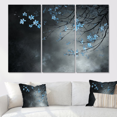 Blue Cherry Blossom Wall Art, Midnight Floral Canvas - Stuart 3 Piece Framed Canvas Wall Art Set Modern Floral Decor