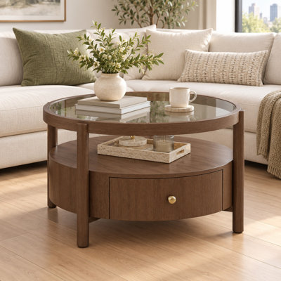 Round Glass Top Coffee Table with Drawer and Storage Shelf