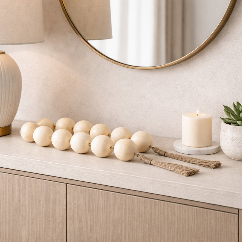 Decorative Resin Beaded Garland Sculpture Home Decor - Contemporary Shiny Beads for Table Accent or Living Room Decorations - Ivory & Tan