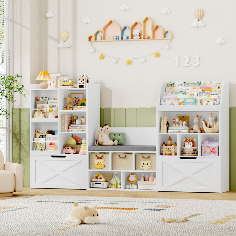 Bibliothèque pour enfants en bois l 74,6 "avec 2 tiroirs, coussin de siège et coin lecture Organ Organisateurs de jouets et rangement